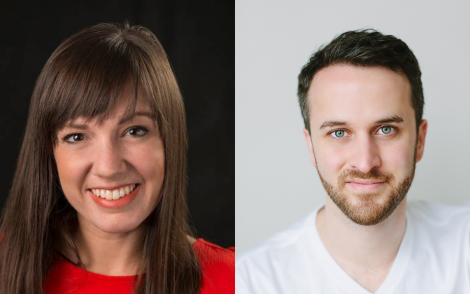 Two portraits of Faculty Research Fellows. One sits against a dark background and has brown hair with bangs, almond eyes, and a wide smile. The other, against a white background, has short-cropped hair, a manicured beard, piercing green eyes, and a smirk.