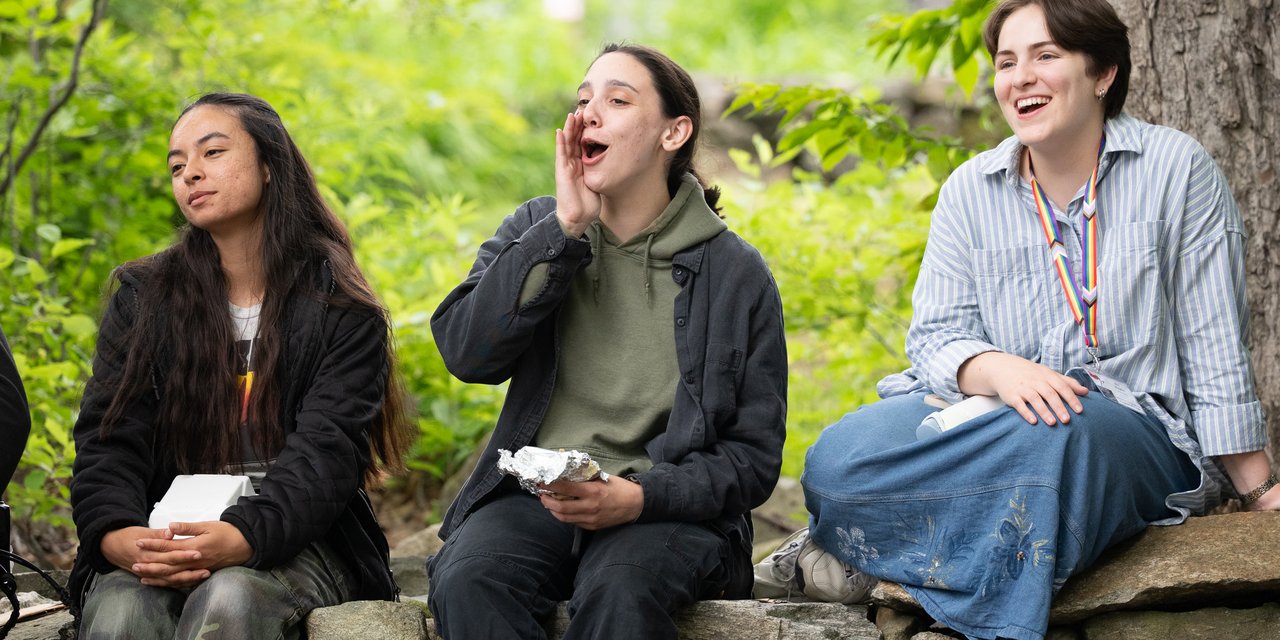Three staff members sit on a rock wall watching a performance on the outdoor stage out of view. The middle staff member holds their hand to their mouth, cheering.