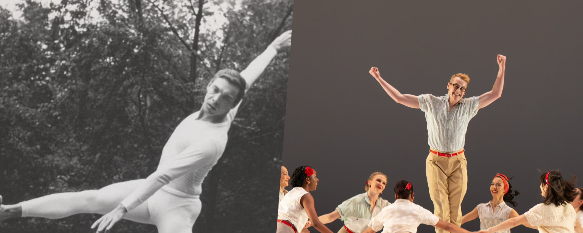 Left: Paul Taylor; John Lindquist photo © Harvard Theatre Collection. Right: Paul Taylor Dance Company in "Company B;" Ron Thiele photo.