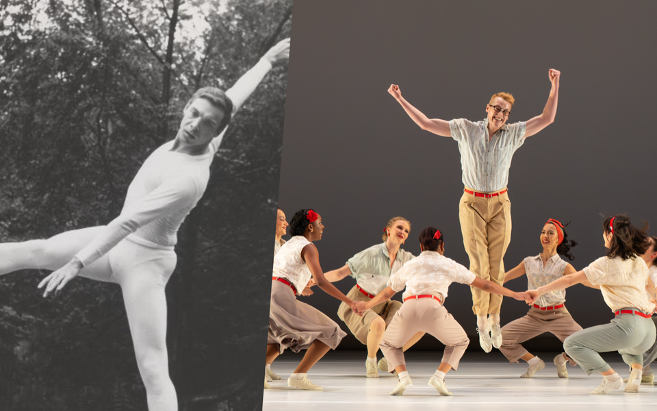 Left: Paul Taylor; John Lindquist photo © Harvard Theatre Collection. Right: Paul Taylor Dance Company in "Company B;" Ron Thiele photo.