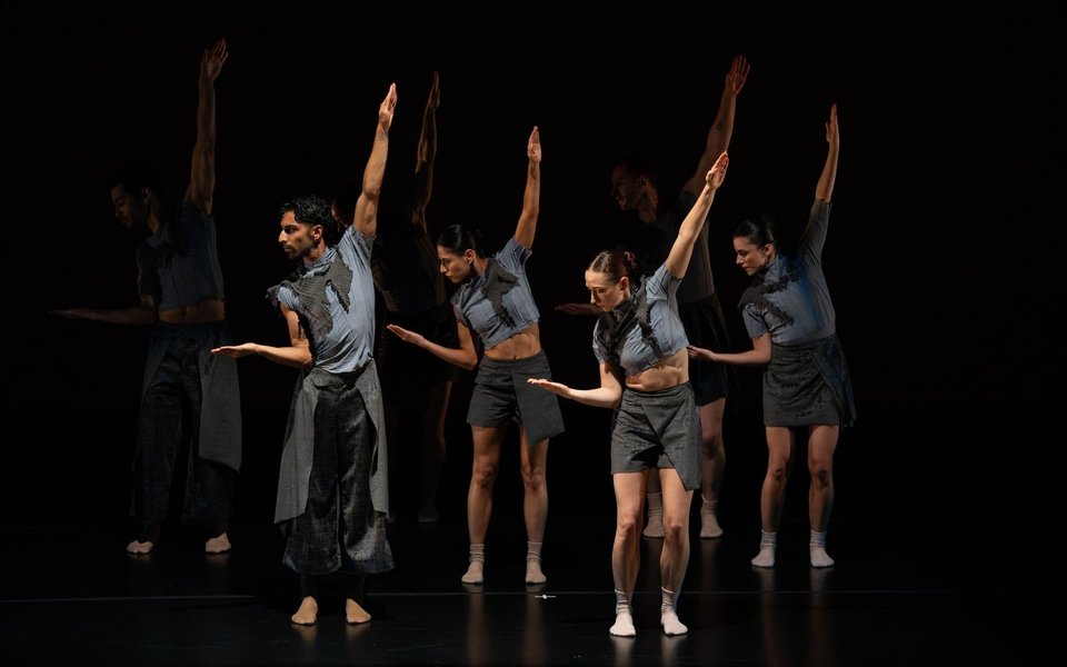 A group of seven dancers stand under stage lights together facing the audience. Their right arm is bent at the elbow, with their elbow close to their ribcage, while their left arm is straight and raised high in the air.