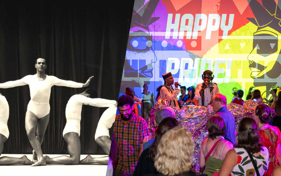 Left: Ted Shawn's Men Dancers in "The Dome;" Shapiro Studios photo. Right: Pride Party; Cherylynn Tsushima Photo.