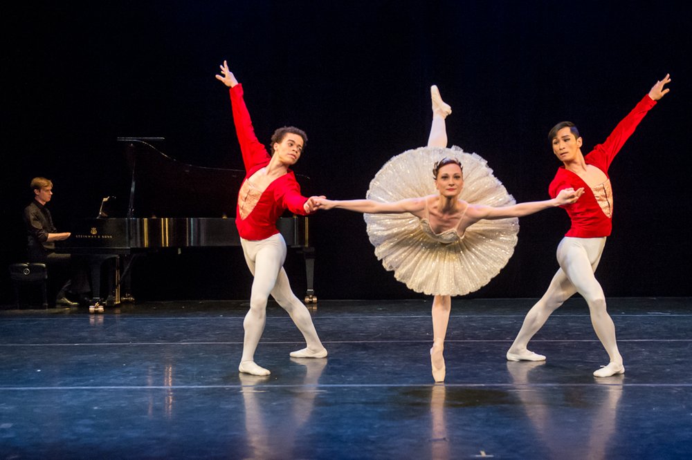 New York Theatre Ballet's Steven Melendez, Amanda Treiber, and Choong Lee in "Trio con Brio;" Richard Termine photo