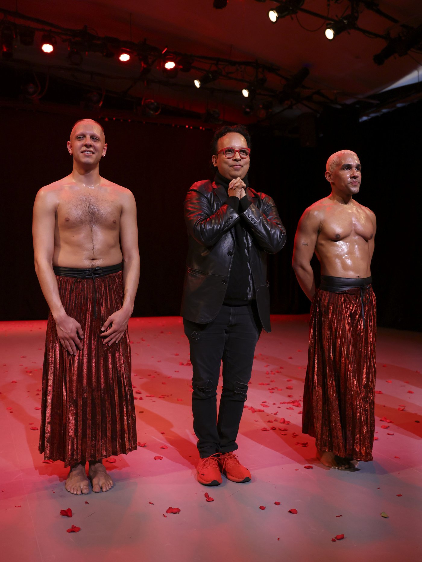 Demetris Charalambous, Hari Krishnan, and Eury German in "ROWDIES IN LOVE" curtain call; Nicole Wilson photo